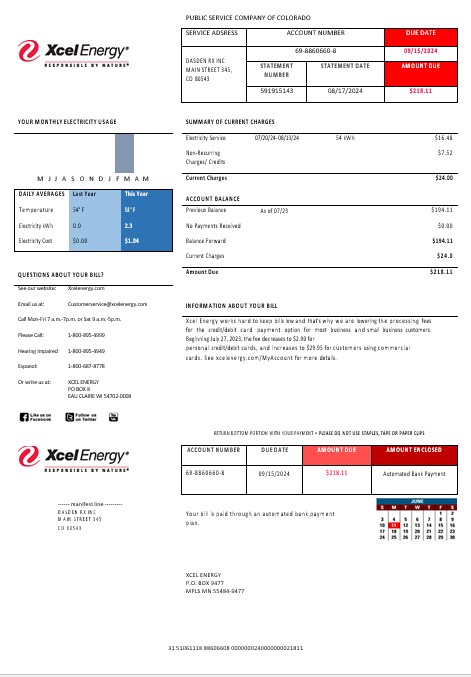USA Colorado XcelEnergy electricity business utility bill template in Word and PDF formats, version 3